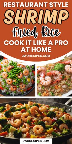 shrimp fried rice in a skillet with broccoli and peas