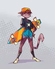 a drawing of a cat with a surfboard in his hand and wearing shorts, t - shirt and hat