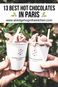 two people holding ice cream in their hands with the words 13 best hot chocolates in paris