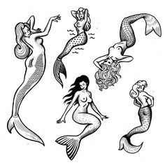 four mermaids are depicted in black and white