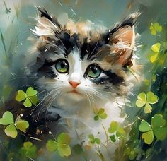 a painting of a cat with green clovers around it's neck and eyes