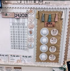 a bulletin board is decorated with plates and tassels