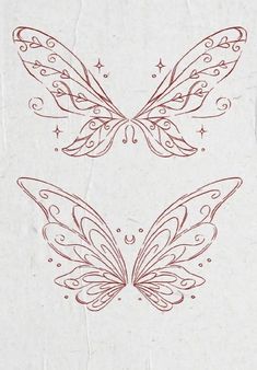 two butterflies with swirls and stars on their wings, one is drawn in red ink