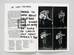 an open book with black and white photos of people playing guitars on the page,