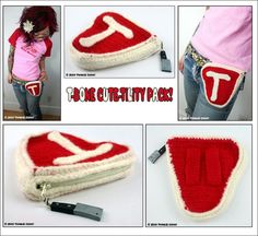 four pictures showing how to crochet a purse with the letter t on it