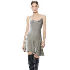 90s Vibes Are All Yours In This Classic Slip Dress Made From Gleamy, Beautiful Velvet Fabric. The Cowl Neck Is So Flattering And Feminine While The Asymmetrical Hemline Lends A Dramatic Flair You'll Love. Size 8 (Runs Small More Like A Size 6) Color Silver Bnwt Never Worn Velvet Dress Silver, Velvet Silver Dress, Sensual Dress, Club Attire, Velvet Slip Dress, Metallic Mini Dresses, New Dresses, Alice And Olivia, Mini Dress Shop