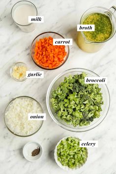 the ingredients for broccoli, carrots and cauliflower are shown in bowls