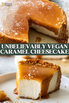 an image of a cheesecake with caramel toppings on the top and bottom