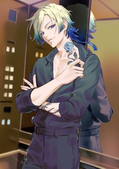 an anime character with white hair and tattoos on his arm, standing in front of a mirror