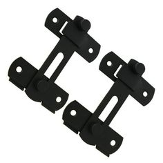 pair of black cabinet door latches with two holes on each side and one hole in the