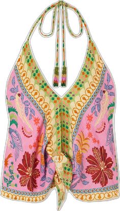 Silk V-neck Top For Vacation, Pink V-neck Top For Poolside, Multicolor V-neck Halter Top For Spring, Chic Triangle Top For Poolside, Summer Pink V-neck Halter Top, Pink V-neck Halter Top For Summer, Multicolor Tie-back Summer Tops, Sleeveless Silk Tops For The Beach, Multicolor Tie Back Summer Top