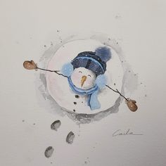 a watercolor painting of a snowman on a white background