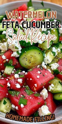 watermelon, feta and cucumber salad recipe in a white bowl