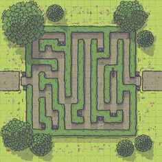 an overhead view of a maze in the ground with trees and bushes surrounding it on a green background