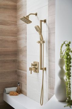 a shower head and hand shower in a bathroom