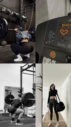 a woman squatting down in front of a gym machine