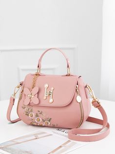 Pink Fashionable Collar  PU Leather Floral,Letter Square Bag Embellished   Women Bags Embroidered Handbag, Fashion Embroidery, Women Crossbody Bag, Fashion Decoration, Fashion Tote Bag, Handbag Patterns, Ladies Handbags, Embroidered Bag, Handbag Straps