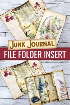 junk journal file folder inserts with text overlay that reads junk journal file folder inserts