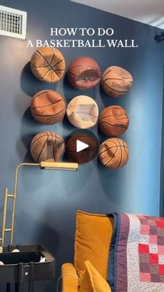 a bedroom with basketballs hanging on the wall