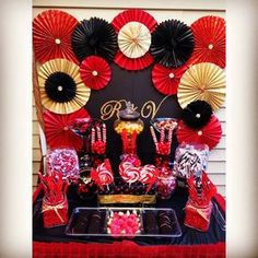 a candy bar with red and black decorations