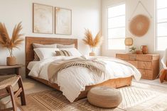 a large bed sitting in a bedroom on top of a wooden floor