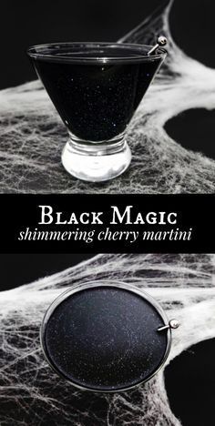 black magic slimmering cherry martini with spider web in the background and text overlay