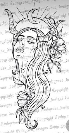 a drawing of a woman's face with horns and flowers on her head, surrounded by words