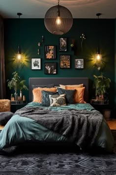 a bedroom with green walls and pictures on the wall