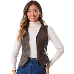 Crafted with a focus on modern trends, this faux leather vest jacket offers a cool and contemporary appearance. The V-neckline adds a sleek and flattering touch, while the sleeveless design enhances the motorcycle biker vibe of the overall design. With a zipper front closure for added style and convenience, this vest jacket is ideal for creating eye-catching and edgy looks. The faux leather material provides durability and a stylish look, making it a versatile addition to your wardrobe. Perfect Trendy Winter Vest With Zipper Closure, Sleeveless Outerwear With Zipper For Fall, Fitted Winter Vest With Zipper Closure, Trendy Spring Vest With Zipper Closure, Trendy Brown Vest For Fall, Trendy Sleeveless Outerwear With Zipper Closure, Fall Leather Sleeveless Jacket, Sleeveless Vest Biker Jacket For Fall, Sleeveless Biker Jacket Vest For Fall