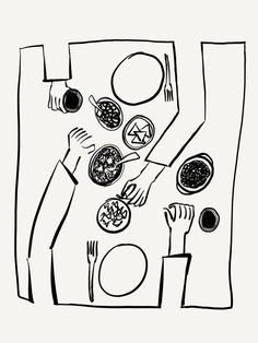 a black and white drawing of people at a dinner table with food on the plate