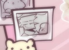 three cartoon pictures hanging on the wall next to each other, one with a teddy bear in it's mouth