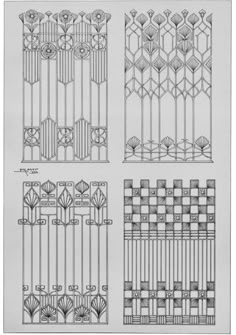 four different types of wrought iron gates with decorative designs on the sides and top, all in