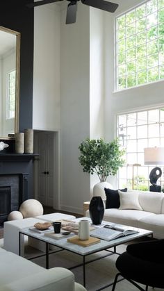 a living room filled with furniture and a fire place in front of a mirror on the wall