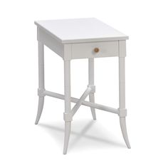 a small white table with one drawer on the top and two legs at the bottom