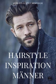 a man with a beard wearing a suit and tie in front of a poster for hairstyle inspirationtion manner