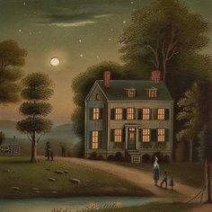 a painting of a family walking towards a house at night with the moon in the sky