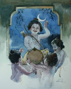 a painting of a man playing the sita with two other people in front of him