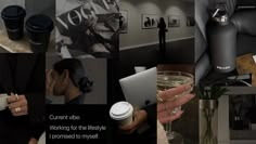 a collage of photos with coffee cups and other items