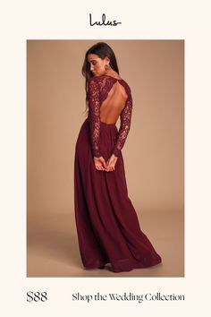 Open your eyes to a world of beautiful possibilities in the Lulus Awaken My Love Burgundy Long Sleeve Lace Maxi Dress! Non-stretch, crochet lace elegantly graces the fitted bodice of this stunning dress, with a V-neckline and sheer long sleeves. An open back and banded, fitted waist sit above a romantic full length skirt. Hidden back zipper with clasp. Fit: This garment fits true to size. Length: Floor length. Size medium measures 59.5" from shoulder to hem. Bust: Great for any cup size. Waist: Awaken My Love, Long Sleeve Lace Maxi Dress, Dark Green Dress, Timeless Dress, Grey Maxi Dress, Wedding Dresses Photos, Cute Prom Dresses, Beautiful Prom Dresses, Green Maxi