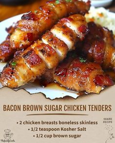 bacon brown sugar chicken tenders on a white plate