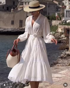 Summer In Greece Outfit Aesthetic, Italian Riviera Aesthetic Outfit, Old Money Island Outfits, Old Money Sundress, Cruise Captains Dinner Outfit, Maldives Aesthetic Outfits, Summer Dress Old Money, Zimmermann Aesthetic, Modest Beach Dress