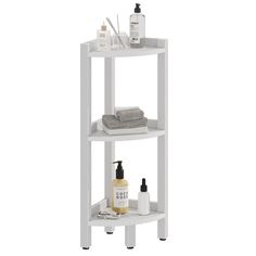 three tiered shelf with soap, shampoo and lotion