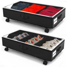 two trays with different pairs of shoes in them and one is open on wheels