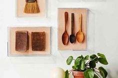 three wooden utensils are hanging on the wall next to a potted plant