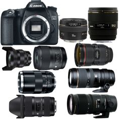 many different types of cameras and lenses are shown in this image with the same lens size