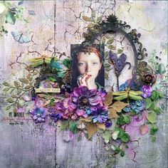 an altered photograph with flowers and leaves on it's side, in front of a wooden background