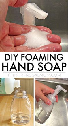 hand soap dispenser with foam in it and the words diy foaming hand soap on top