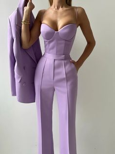 Lapel Collar Regular Fit Buttoned Urban Blazer Plain Fashion, Elegant Outfit Classy, Purple Suits, Stylish Work Attire, Fashion Bottoms, Diy Clothes Life Hacks, Pantsuits For Women, Flared Trousers, High Waist Fashion