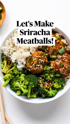 a bowl filled with meatballs and broccoli on top of rice next to chopsticks