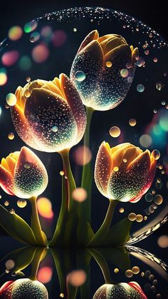 three yellow tulips with drops of water on them and some bubbles in the background